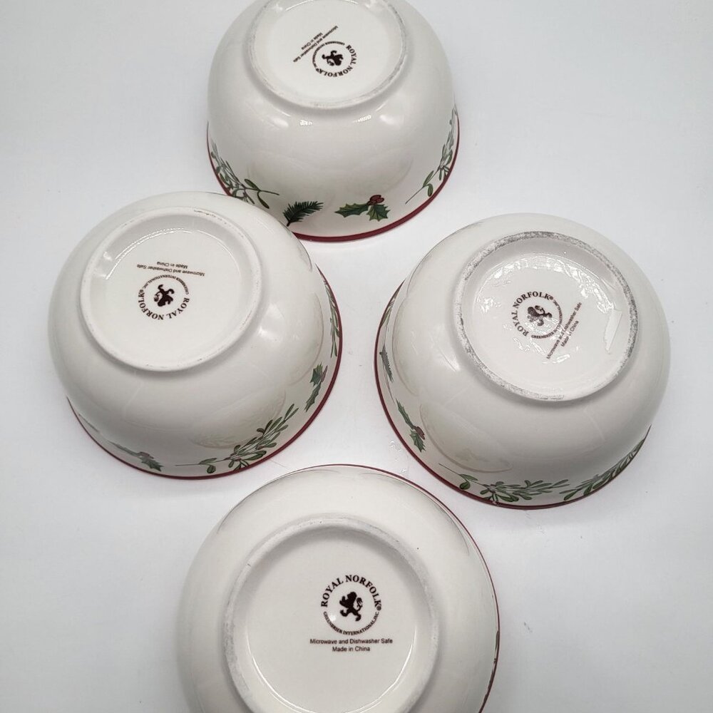 Set of 4 Royal Norfolk Holly Berry Christmas Holiday Cereal Soup Bowls - Picture 7 of 12